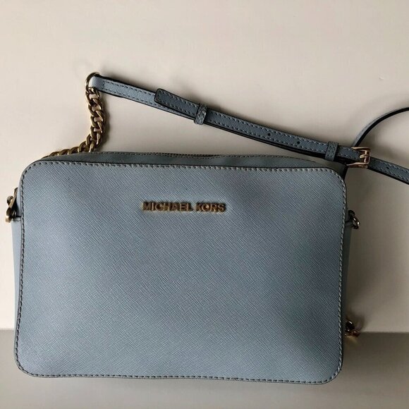 MICHAEL KORS JET SET SAFFIANO LEATHER CROSSBODY POWDER PALE BLUE Gold Hardware - Picture 7 of 16